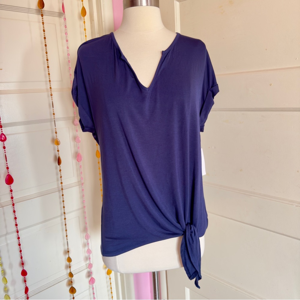 NY&Co Soho Navy Side Tie Asymmetrical Hem Top L NWT